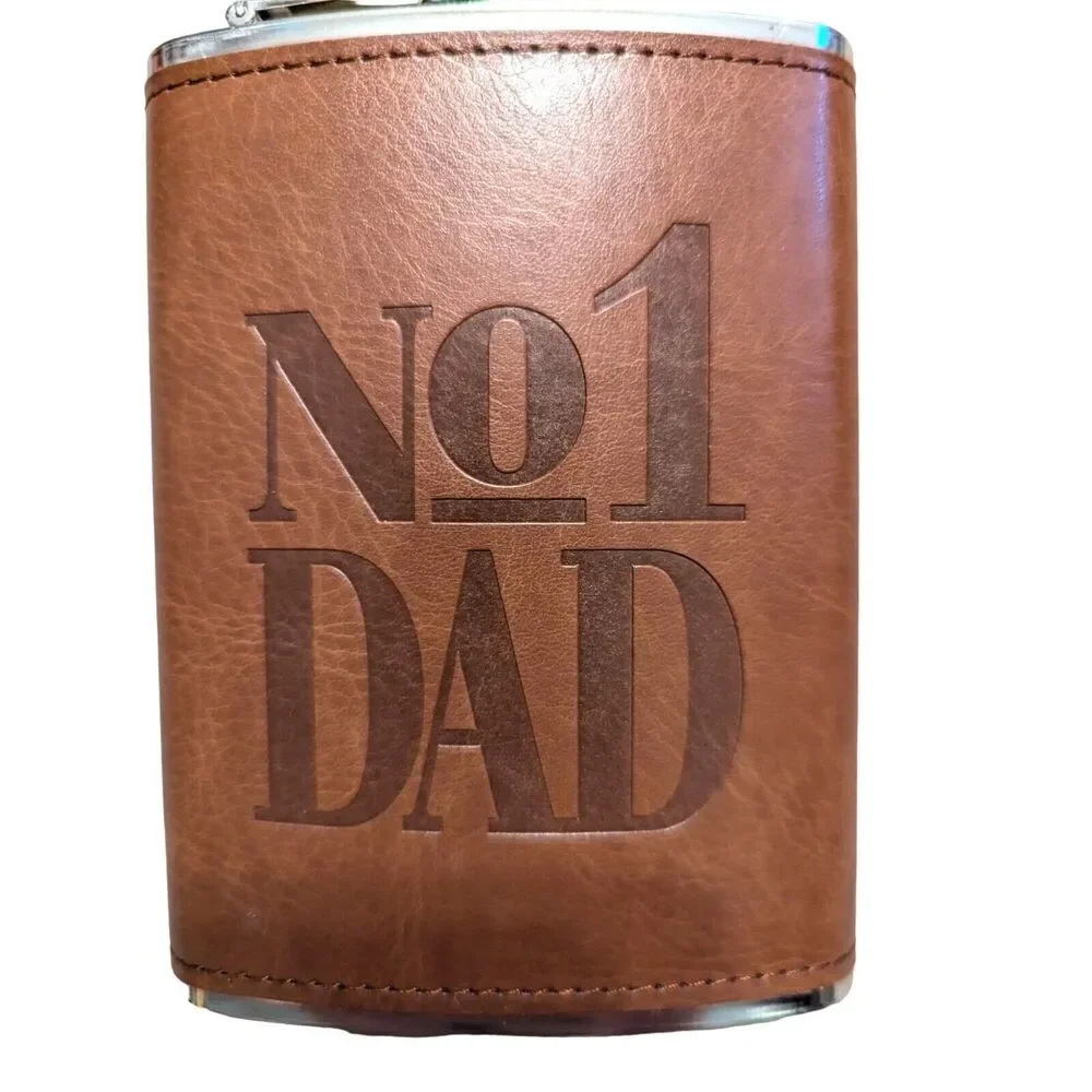 No. 1 Dad Drinking Flask Stainless Steel Faux Brown Leather Wrap 8 oz. Gift NEW